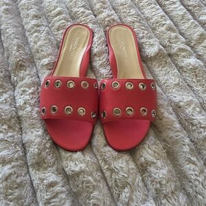 New Marion Parke Luxury Italian Genuine Leather Red Slide Sandals wSilver Detail